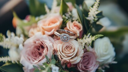 Wall Mural - A wedding ring nestled inside a flower bouquet at an outdoor wedding.