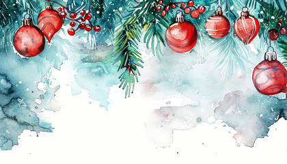 Wall Mural - A Christmas tree with two red ornaments hanging from the branches