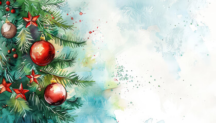 Wall Mural - A Christmas tree with two red ornaments hanging from the branches