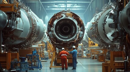 Fototapete - Two engineers, dressed in safety gear, are closely examining a large jet engine in a well-lit manufacturing facility. The atmosphere reflects a high-tech environment focused on aerospace assembly.