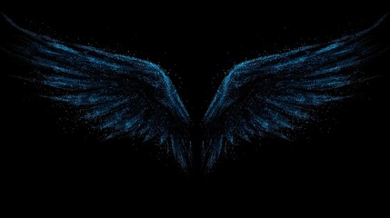 Wall Mural - dark blue wings made of glowing particles, symmetrically spread on black background