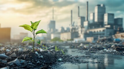 An environment affected by pollution plastic waste and industrial activity with a green plant symbolizing the impact of CO2 climate change and plastic on the planet