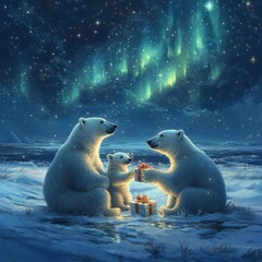 Canvas Print - A family of polar bears celebrates Christmas under the aurora borealis.