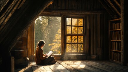 Poster - A person sits cross-legged on the wooden floor of a cozy attic, immersed in a book