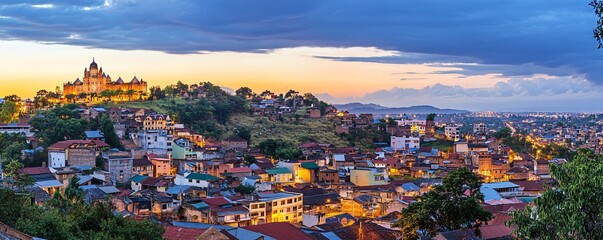 Antananarivo Cityscape at Dusk – A panoramic view of Madagascar’s capital, Antananarivo, at dusk, with the city’s colorful houses