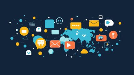 Poster - Global Social Media Network Communication, Vector Illustration of Digital Connectivity with Icons Representing Messages, Videos, and Emails for Online Interaction and Collaboration