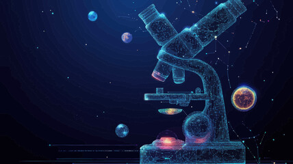 Poster - Microscope in Starry Sky, Abstract Space Science Wireframe Vector, Educational Technology Concept Illustration
