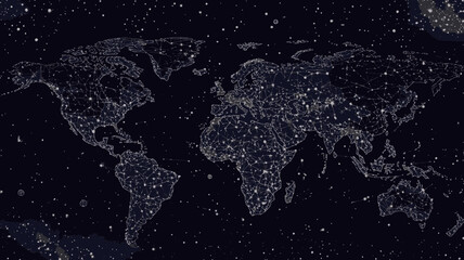 Poster - Starry Sky World Map Abstract Wireframe, Universe and Planets Concept, Minimalist Flat SVG Vector