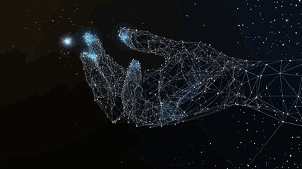 Poster - Futuristic Polygonal Hand Reaching for Starry Sky Wireframe Vector, Touch the Future Concept in Minimalist Low Poly Design