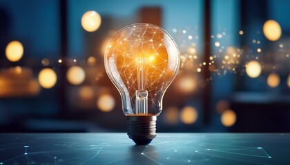 A glowing light bulb on a table, represents creativity and innovation in a modern workspace with a blurred background. Innovative office space with glowing light bulbs representing creative ideas