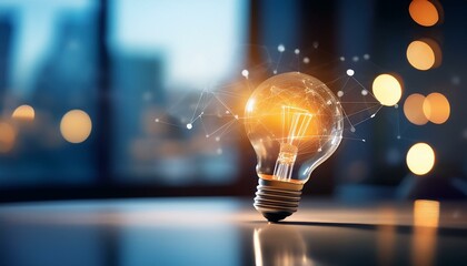 A glowing light bulb on a table, represents creativity and innovation in a modern workspace with a blurred background. Innovative office space with glowing light bulbs representing creative ideas