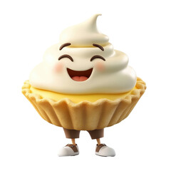 3D cartoon-style custard pie character isolated on a white background, featuring a fun and animated design. PNG