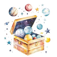 Canvas Print - Watercolor Illustration of Planets in a Wooden Box with Stars.