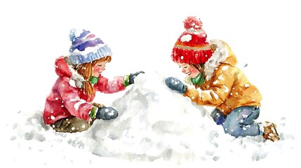 Canvas Print - Watercolor Painting of Two Children Building a Snowman.