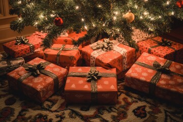 Poster - A festive scene with wrapped gifts under a Christmas tree, illuminated by soft lights.