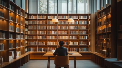 Poster - A person sits at a desk in a library, facing away from the camera. The person is wearing a dark suit and is working on a laptop