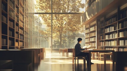 Poster - The interior of a modern library showcases a person reading at a wooden table, surrounded by shelves filled with books. Golden autumn sunlight filters through large windows, casting a warm glow.