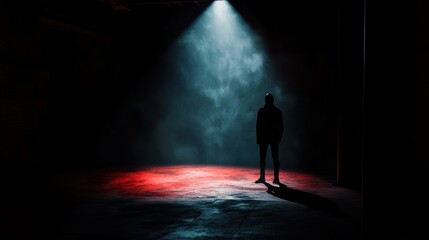 Poster - In a dimly lit room, a solitary figure emerges under a spotlight, engulfed in deep colors that evoke fear and suspense. Generative AI