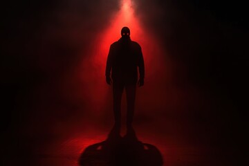 Aufkleber - A solitary figure emerges from darkness, bathed in ominous red light, evoking a sense of fear and suspense in the atmosphere. Generative AI