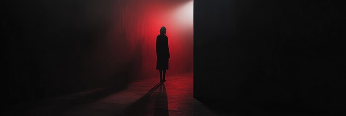 Fototapete - In a darkened space, a lone figure emerges under a spotlight, surrounded by intense red and black shades, evoking a sense of suspense and fear. Generative AI