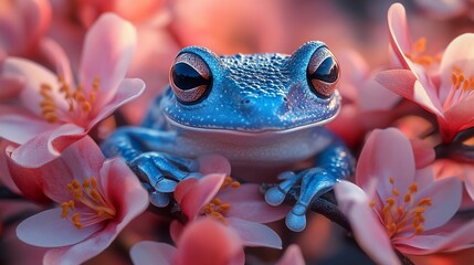 A blue frog sits amidst pink flowers, looking directly at the camera.