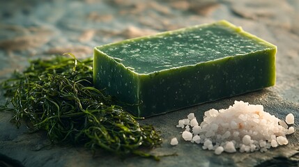 Sea salt and seaweed soap bar resting on a natural stone surface, vibrant ocean green with sea salt grains visible, fresh seaweed strands and coarse sea salt arranged beside,