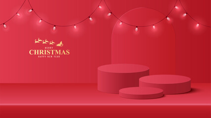 Wall Mural - Podium Christmas. Podium for product display presentation with round circle shape. Podium platform to show product on red background. Merry Christmas background_6