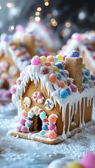 Sticker - A gingerbread house decorated with colorful candies and frosting.