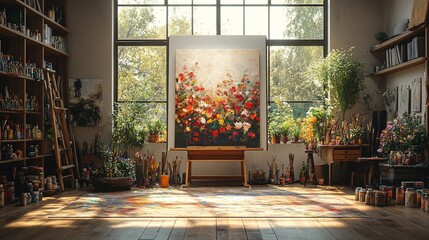 Wall Mural - A large painting of colorful flowers is displayed in a studio space.