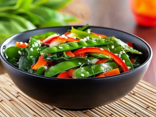 Canvas Print - This colorful vegetable stir-fry showcases bright green snow peas, vibrant red bell peppers, and crunchy carrots drizzled with light soy sauce, all presented in a sleek black bowl