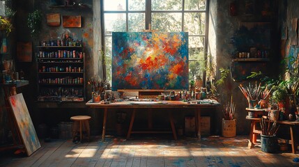 Wall Mural - A messy artist studio with an easel, paints, brushes, and a large colorful canvas.