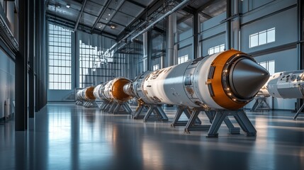 Poster - Inside a sleek aerospace facility, several modern rocket engines stand prominently, showcasing advanced engineering. The large windows let in natural light, illuminating the intricate designs.