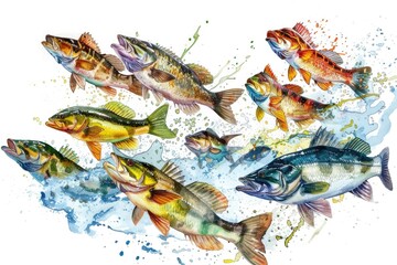 Jumping Illustration. Beautiful Aquatic Animal Art with Bass Fish in Blue Colors on Isolated Background