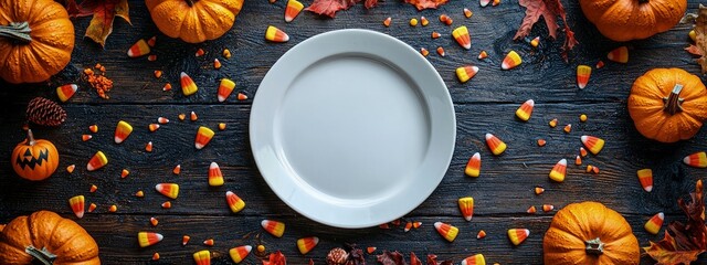  empty Halloween plate surrounded by small decorative pumpkins. festive, seasonal atmosphere. holiday and thanksgiving visuals.  banner 