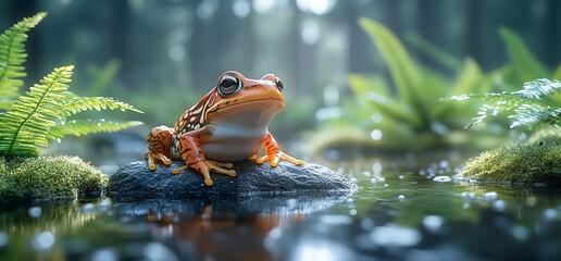 Wall Mural - A vibrant orange and white frog sits on a rock in a small pond, surrounded by lush greenery.