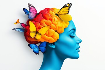 Wall Mural - Woman's head is covered in butterflies. Butterflies are in various colors. Butterflies are scattered all over the head. brain in a head which are colored butterflies flying around the brain