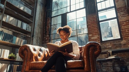 Poster - A young woman sits comfortably on a vintage leather sofa, immersed in a book in a stylish library