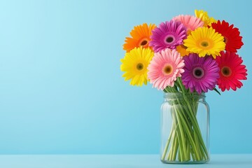 Wall Mural - Vase of flowers sits on a blue background. The flowers are in a clear glass vase and are in various colors. a bouquet of multi-colored gerberas in a glass vase on a blue background