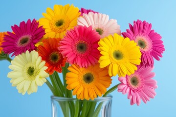 Canvas Print - Vase of flowers sits on a blue background. The flowers are in a clear glass vase and are in various colors. a bouquet of multi-colored gerberas in a glass vase on a blue background