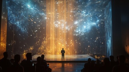 Fototapete - Attendees are captivated by a mesmerizing light installation with vibrant colors and cascading projections, transforming the space into a dreamy, immersive visual experience.