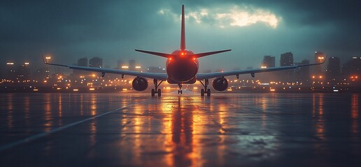 Airplane on runway at night with city lights in the background.