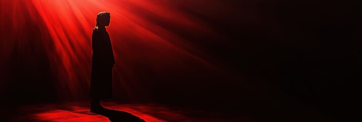 Aufkleber - A mysterious figure stands still in a dimly lit space, surrounded by deep red hues, creating an atmosphere filled with tension and anticipation. Generative AI