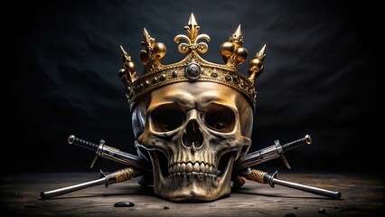 extreme close-up skull with crown and weapons on black background