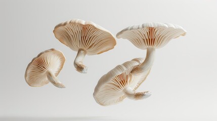 Ultra-realistic view of mushroom caps floating in mid-air against a pristine white background. 