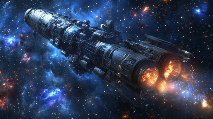 A detailed spaceship navigates the deep expanse of a colorful galaxy, showcasing bright stars and swirling cosmic clouds