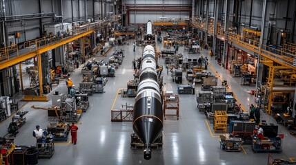 Aufkleber - Technicians work on a large rocket in a busy manufacturing facility filled with equipment and machinery. The spacious area is organized, showcasing various stages of the assembly process.