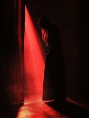 Aufkleber - In a dark room, a shadowy figure is bathed in a deep red spotlight, creating an atmosphere of tension and unease. Generative AI