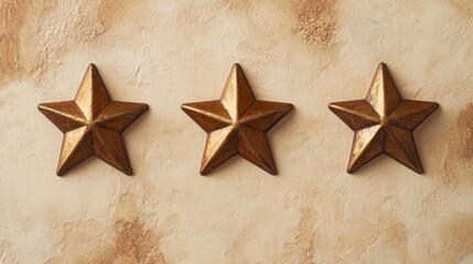 Poster - Three bronze stars are arranged in a horizontal line against a textured wall. The stars shine against the warm tones, highlighting their design and adding a charming decorative element.