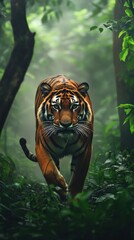 Wall Mural - A Bengal tiger prowling through a dense, misty rainforest, with towering trees and vibrant green foliage all around