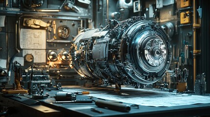 A complex metallic device filled with detailed mechanisms and encircled by an array of tools and schematics in a crafting space.